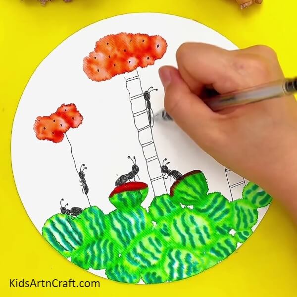 Making Ants Using The Black Pen- A Step-by-Step Guide for Painting Small Watermelon and Ants for Kids