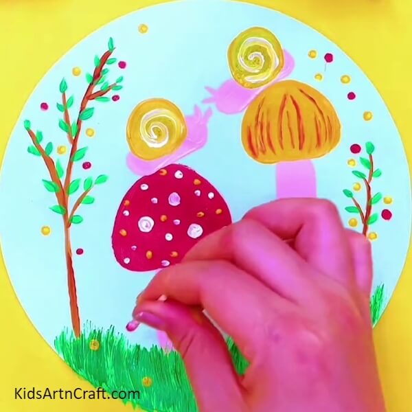 Stamp The Flowers- A Guide To Assist Children In Creating Snails Over Mushrooms Art