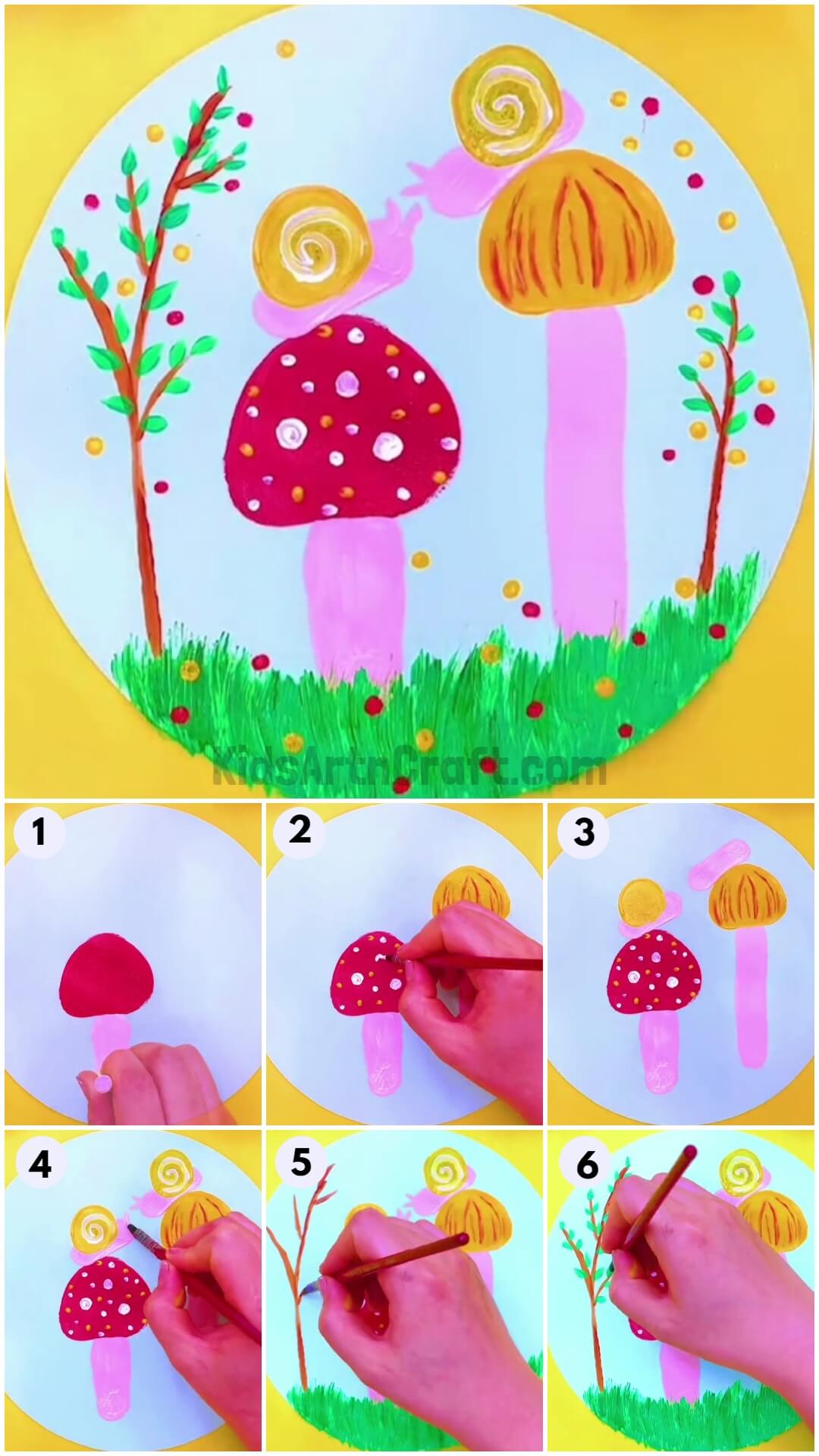 Snails Over Mushrooms Artwork Step by Step Tutorial For Kids