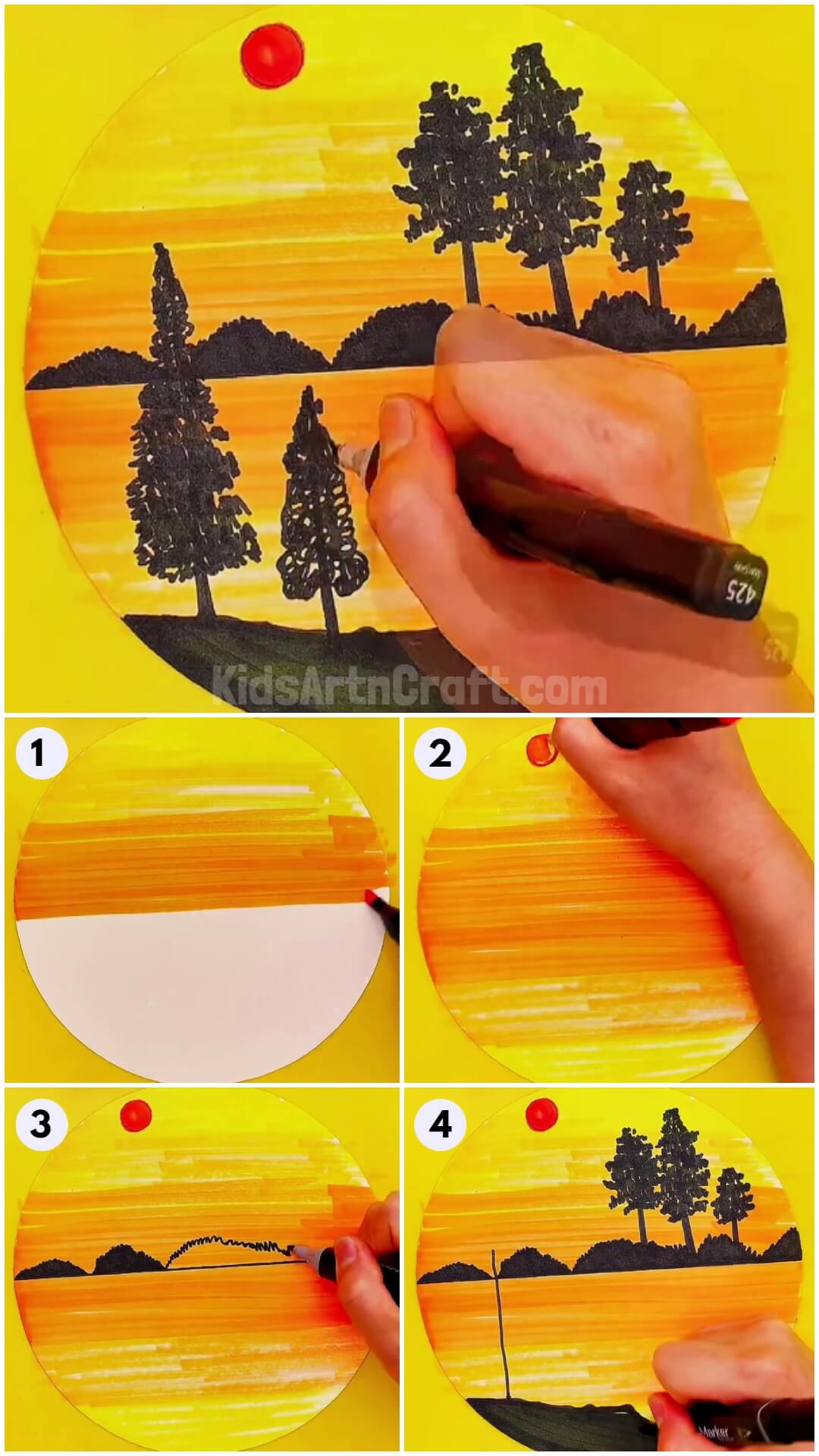 Amazing Sunset Landscape Scenery Drawing Idea For Kids