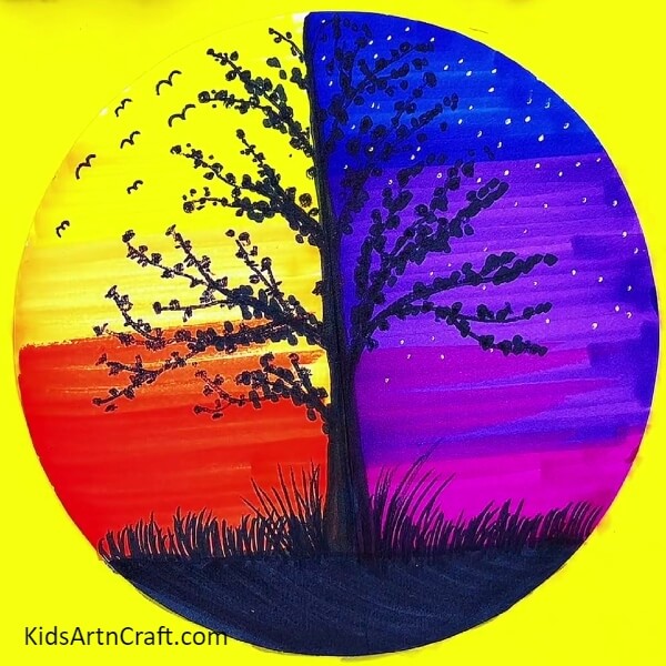 Tadda! Here is the masterpiece Scenery of Day and Night with a Tree and is ready for appreciation