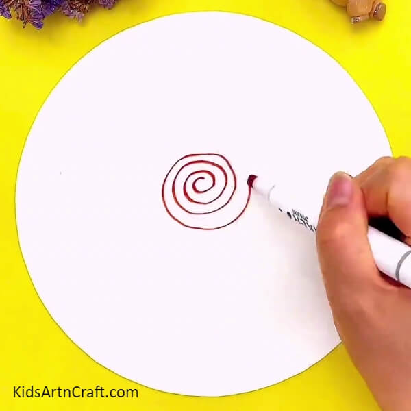 Make A Spiral With Red Marker/sketch Pen On White Craft Paper-An Original Watermelon Draw Pen Concept For Watercolour Painting By Children 