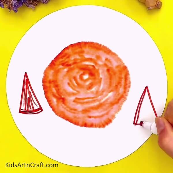 Make Two Triangles With A Red Marker/sketch Pen-An Innovative Watermelon Pencil Thought For Water Painting By Kids 