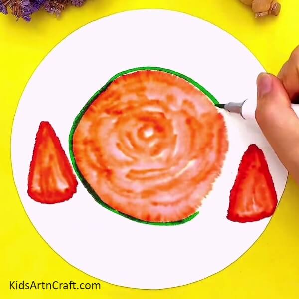 Make An Outline With Light Green Marker/sketch Pen-An Original Watermelon Pencil Idea For Water Colour Painting By Little Ones 
