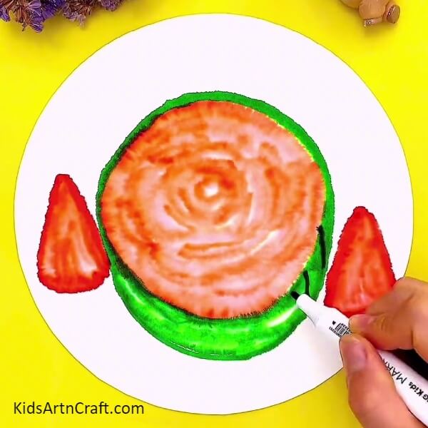 Make The Shell Lines With Dark Green Marker/sketch Pen-An Inventive Watermelon Pencil Plan For Watercolour Painting By Children 