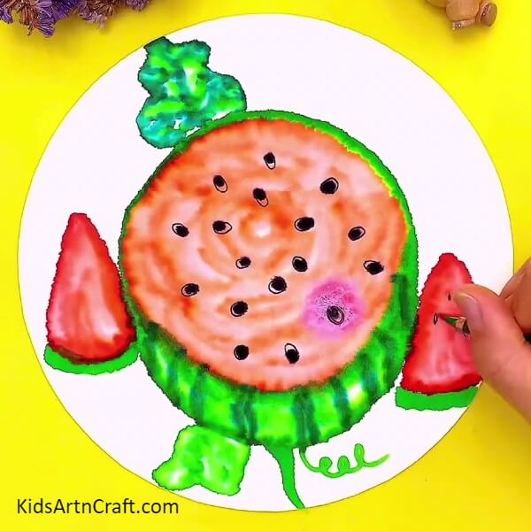 Make Leaves With Light Green Marker/sketch Pen-An Unexpected Watermelon Pen Visualization For Watercolour Painting By Kids 