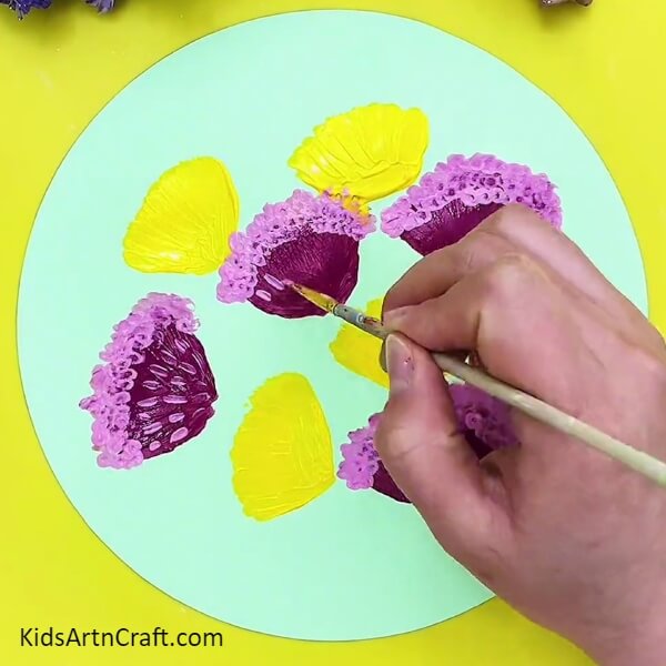 Detailing the purple flower. Tutorial for Watercolor Drawing Of Flowers And A Butterfly For Kids