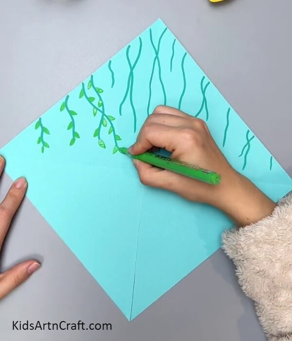 Drawing Leaves On The Stems- Step-By-Step Tutorial For Creating A 3D Marshland With Ducks For Youngsters