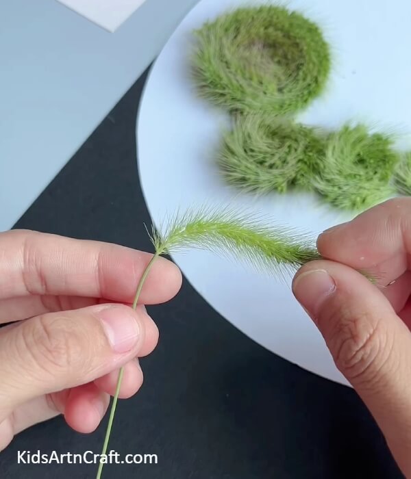 Bending An Artificial Grass Strand And Apply Tape- Demonstration on Constructing a Synthetic Grass Strip Caterpillar for Children 