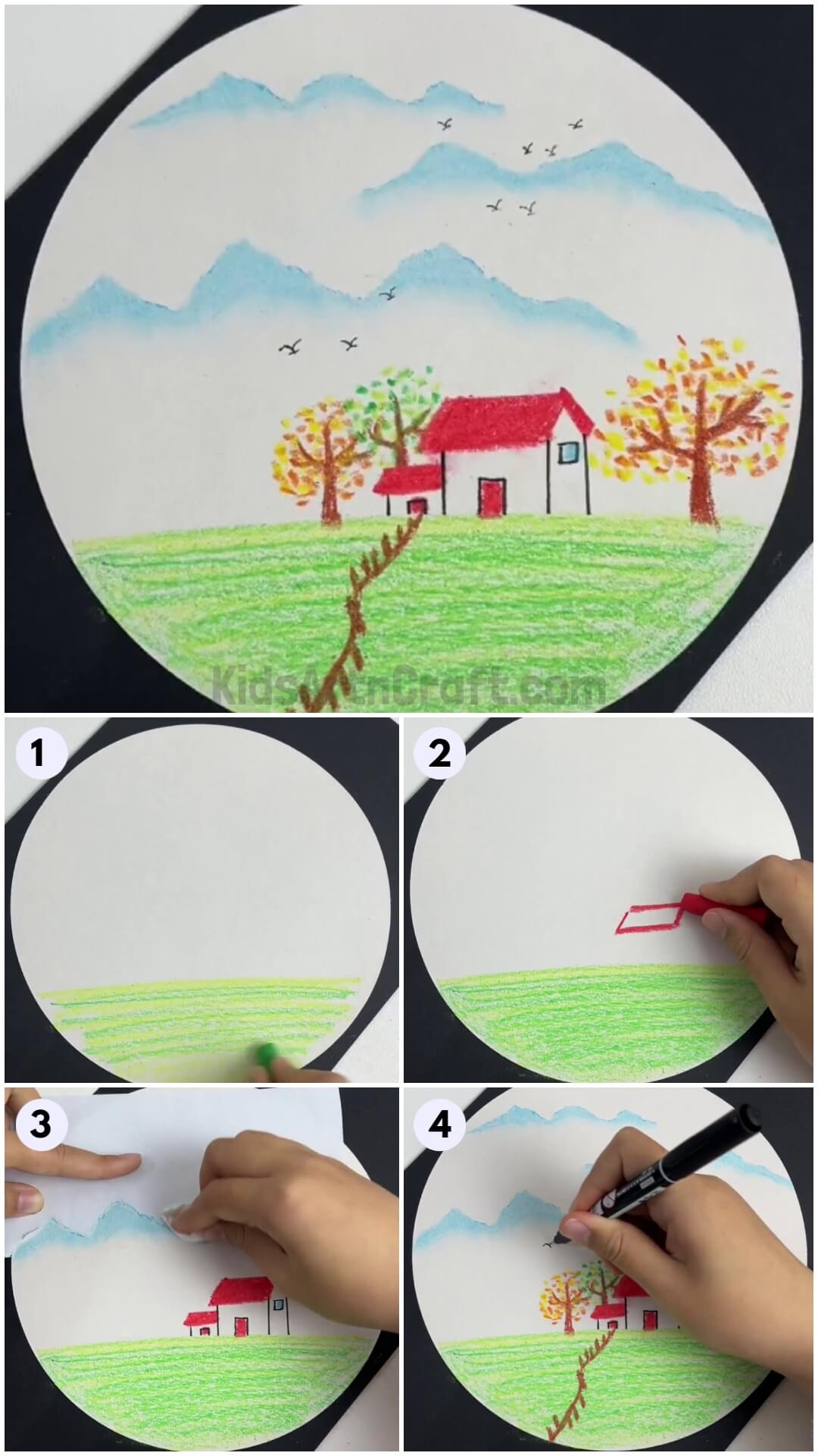 Beautiful House Landscape Drawing Using Crayon Color Tutorial