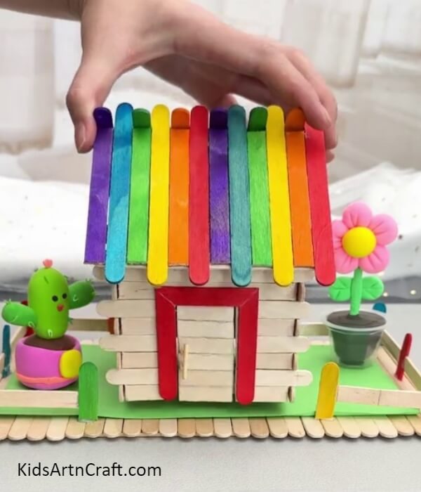 This Is The Final Look Of Your Mini Popsicle Sticks House- Learn to create a tiny house with popsicle sticks for the little ones