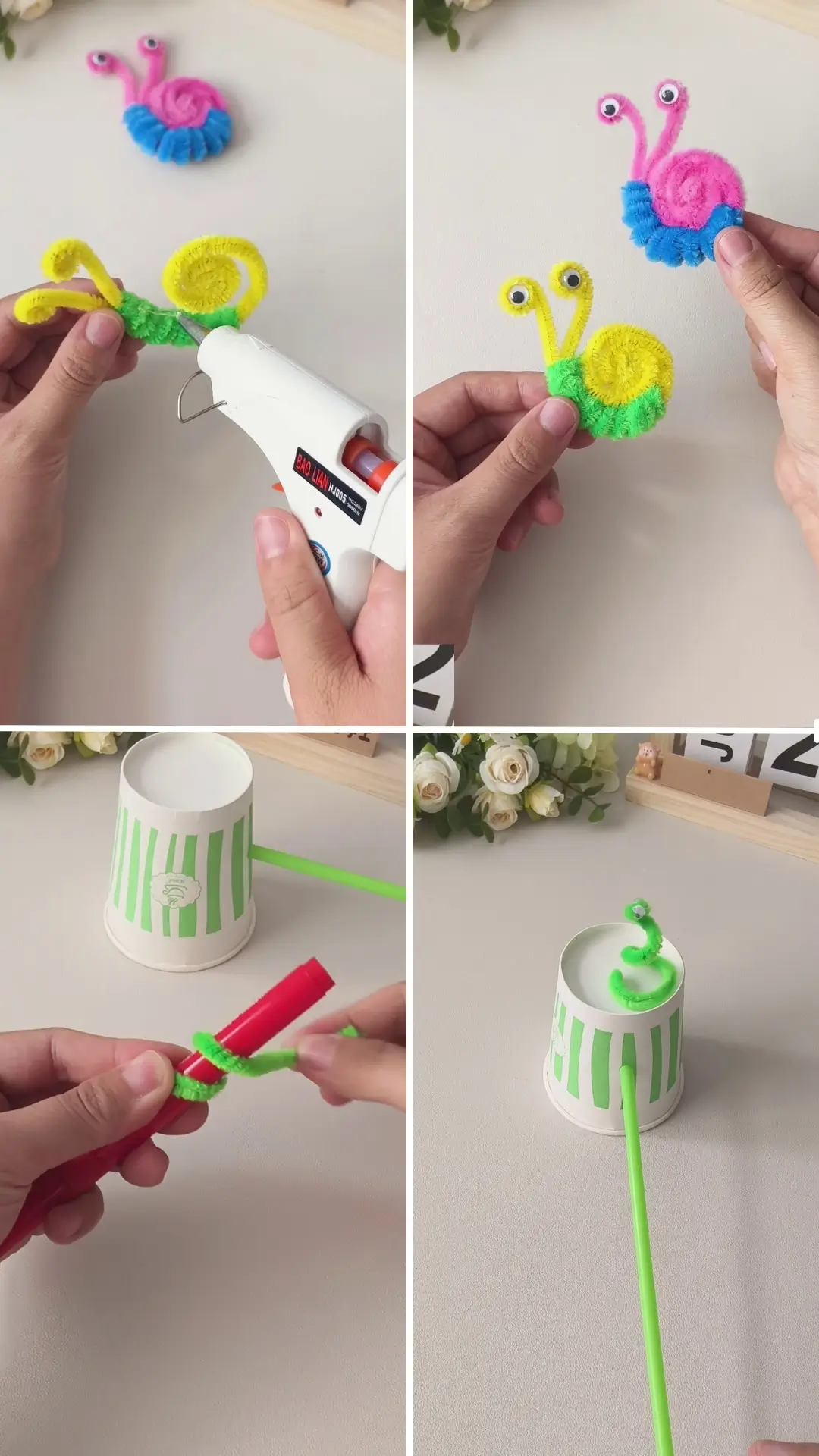 Colorful pipe cleaner snail craft and paper cup activity for kids