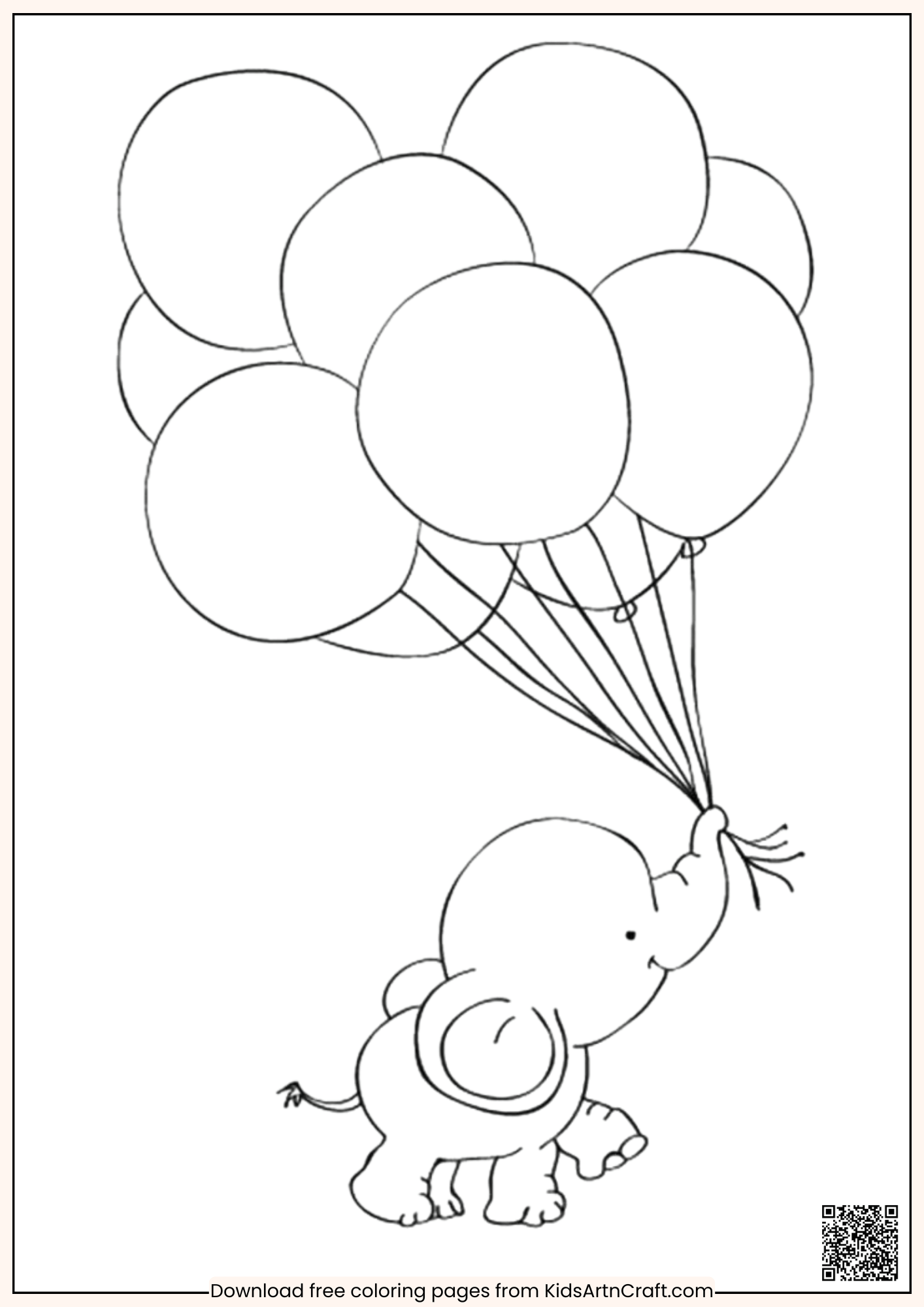 Baby Elephant With Balloons - Animal Coloring Page For Kids