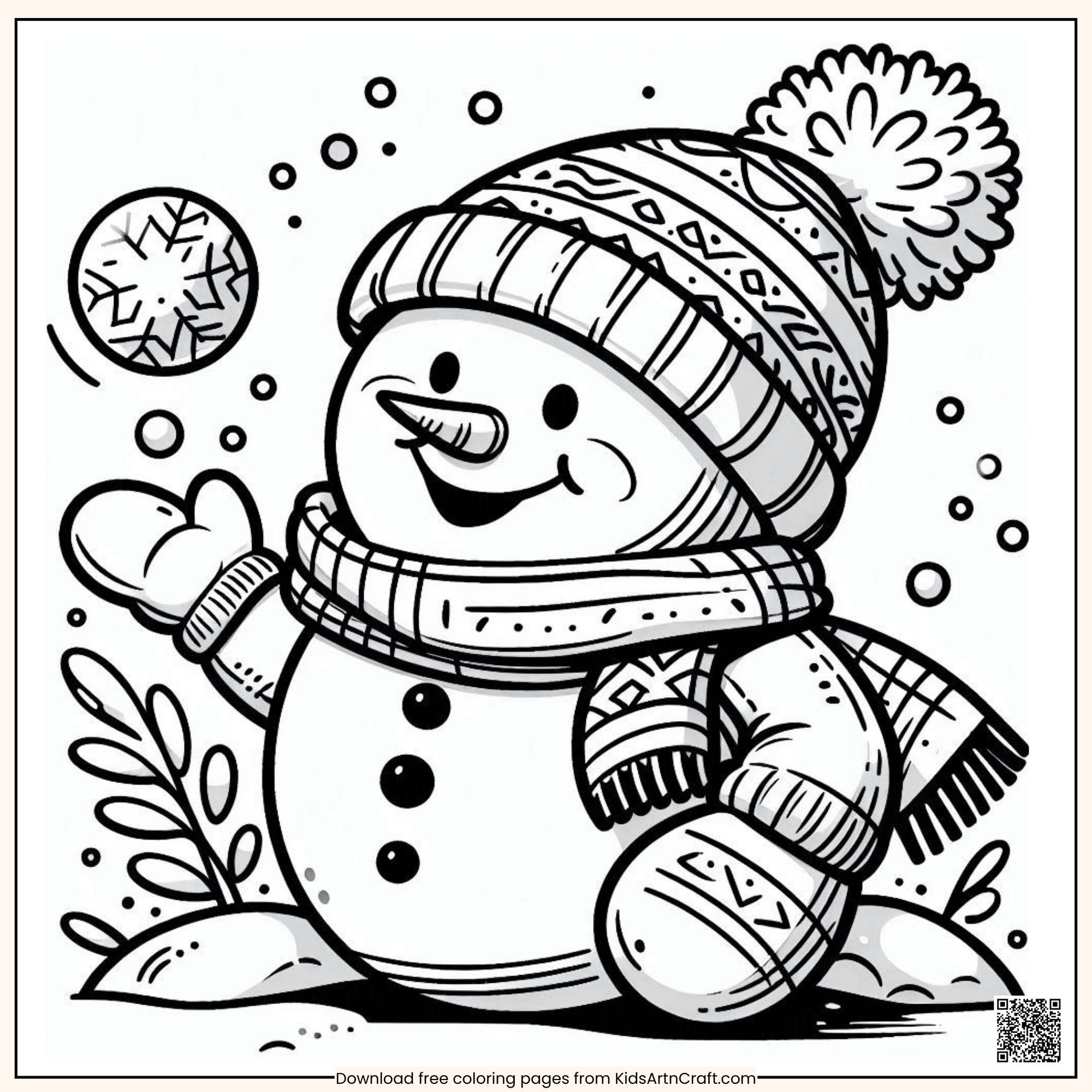 A Happy Snowman Playing With Snowball Coloring Page for Kids