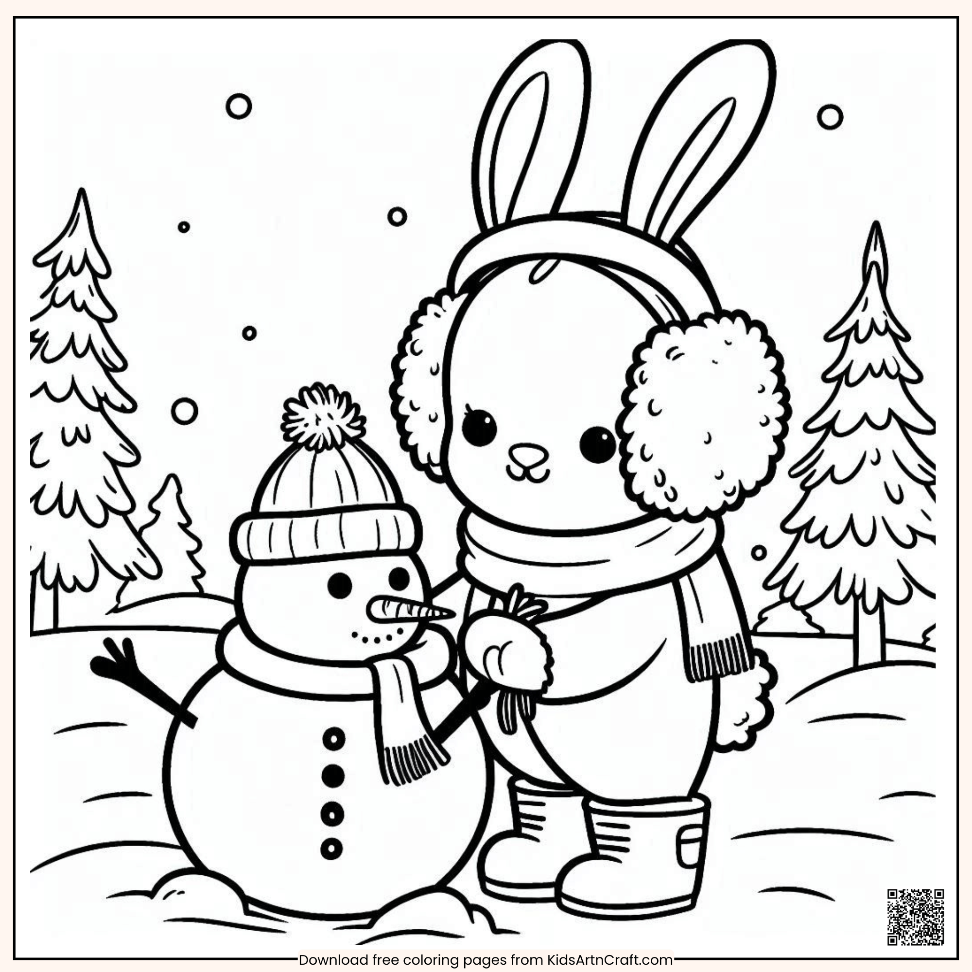 A Snowman with Bunny Coloring Page for Kids
