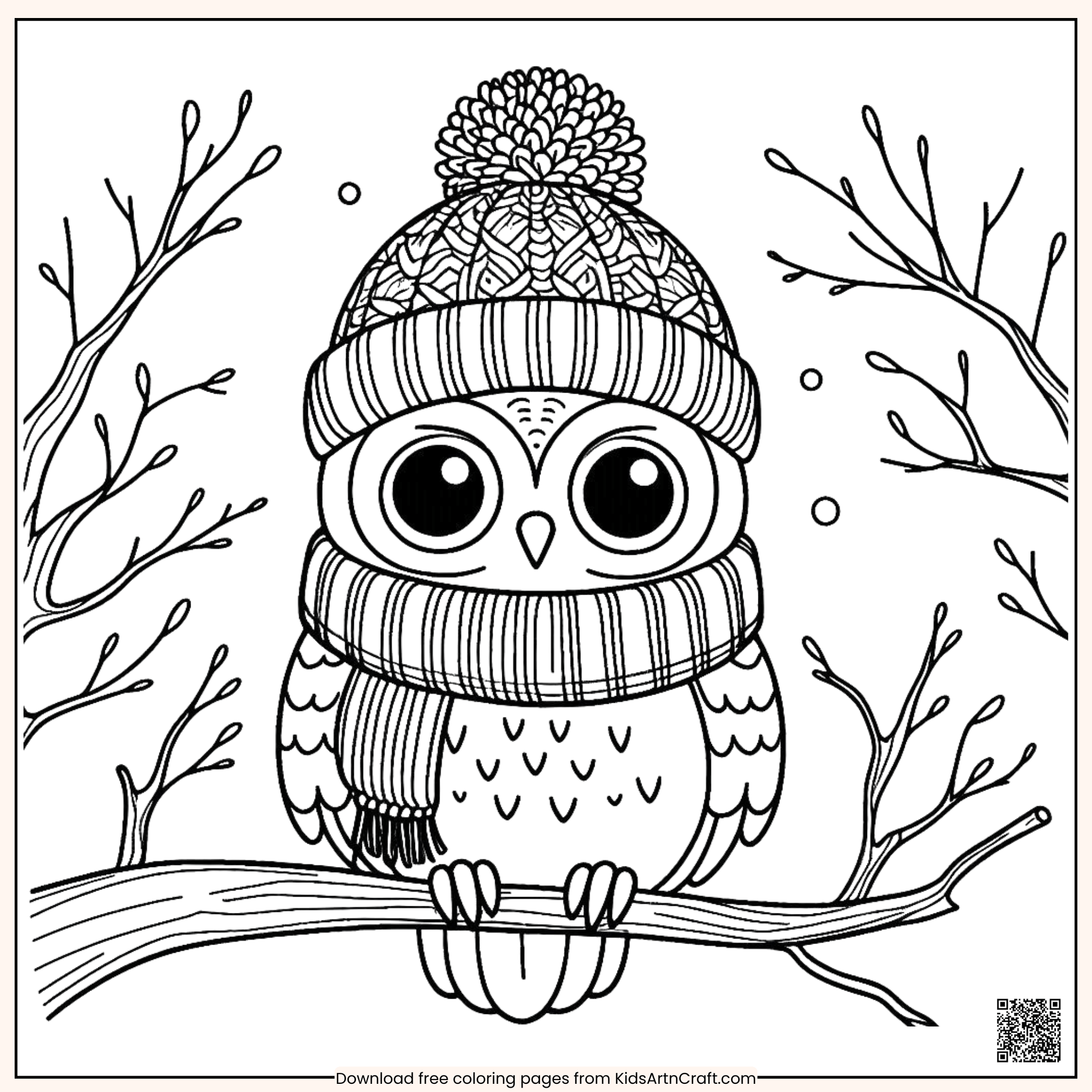 Beautiful Owl In Winter cap and Scarf - Coloring Page for Kids
