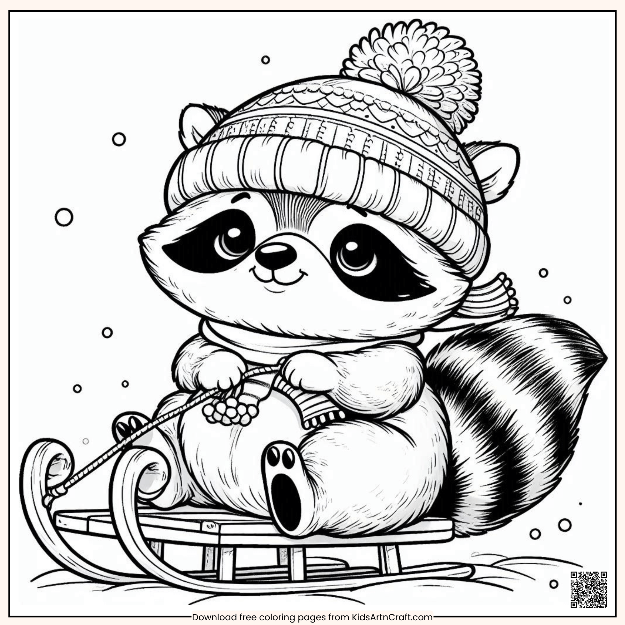 Cute Raccoon Riding Sleigh coloring Page for Kids