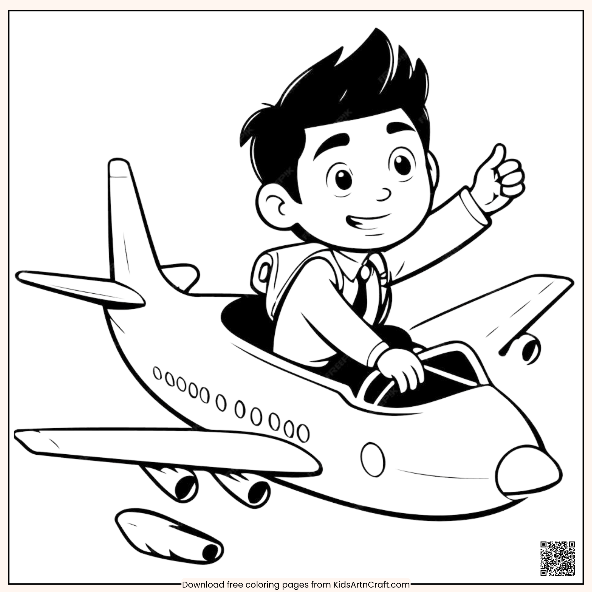 Super Little Boy On Airplane Coloring Worksheet for Kids