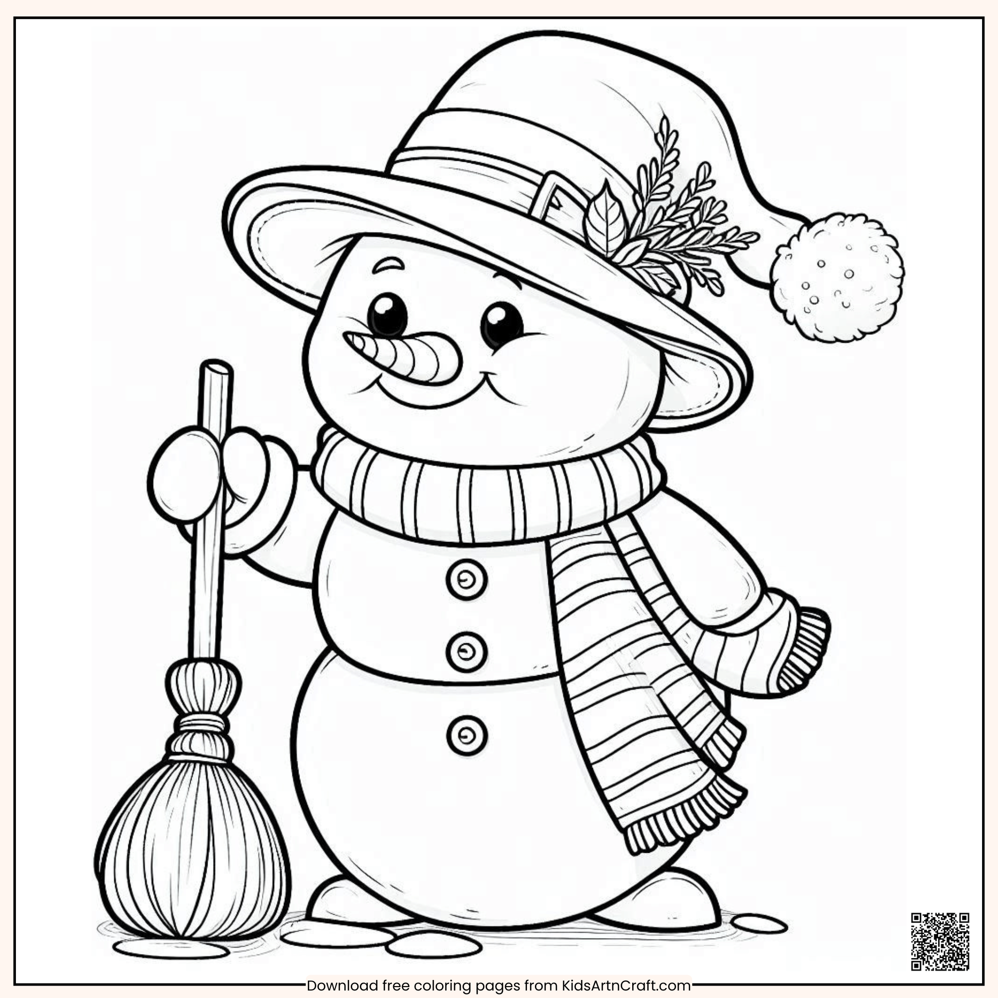 Super Snowman In Hat With Broom Coloring Page for Kids