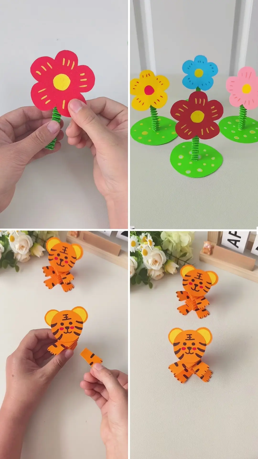 Colorful paper flower and tiger crafts made with simple paper strips.