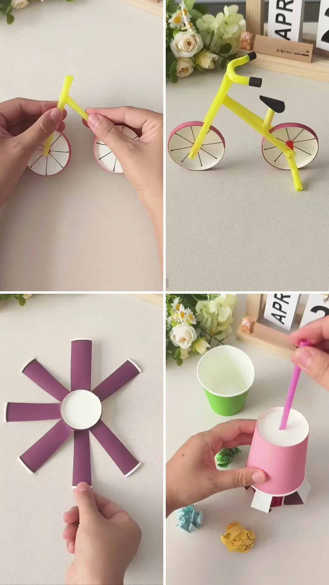 Creative paper cup and straw crafts collage featuring a bicycle, flower, and colorful decorative craft projects.