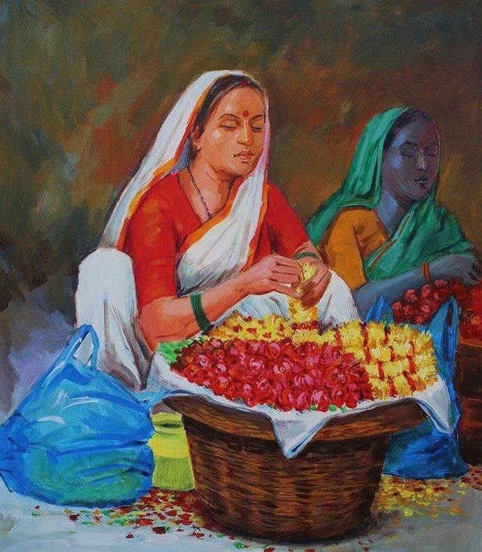 Beautiful Women Selling Flowers Drawing Art Idea for Children