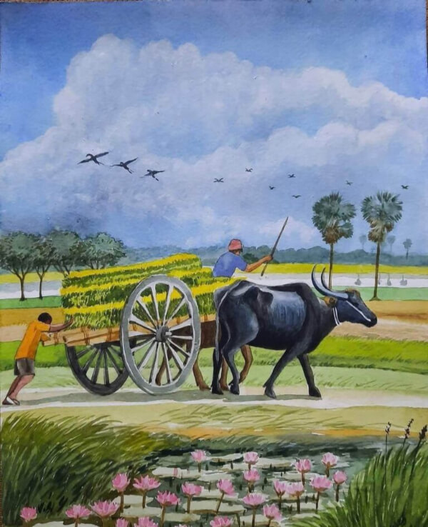 Easy Farmers Plowing Field with Oxen Cart Drawing Art for kids