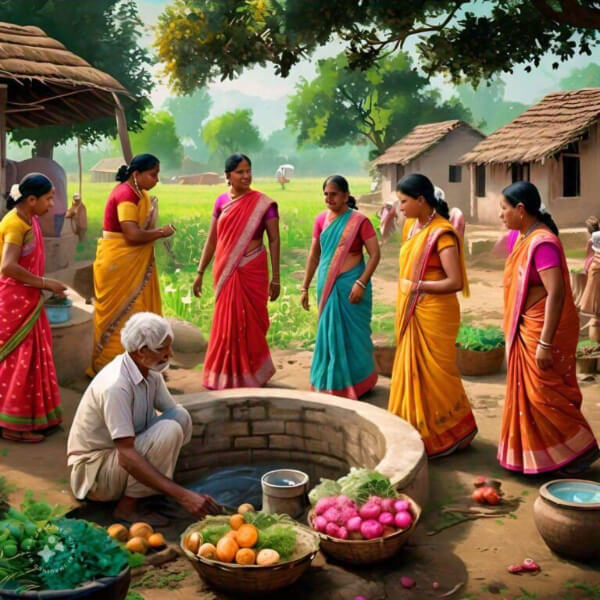 Easy Village Women Gathering at Well Drawing Art Idea