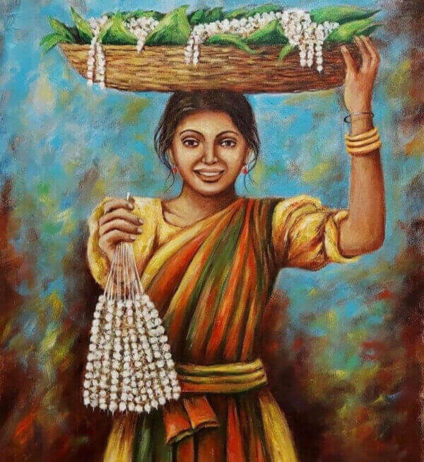 Pretty Village Women Carrying a Flower Basket Drawing Idea