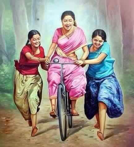 Simple Women Riding a Bicycle Together Drawing Idea for Beginners