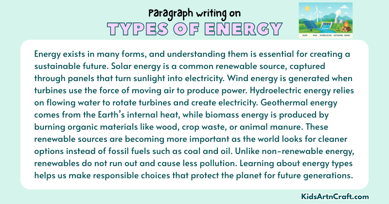 Expository Paragraph on Types of Energy (solar, wind, etc.) (Explains with Facts)