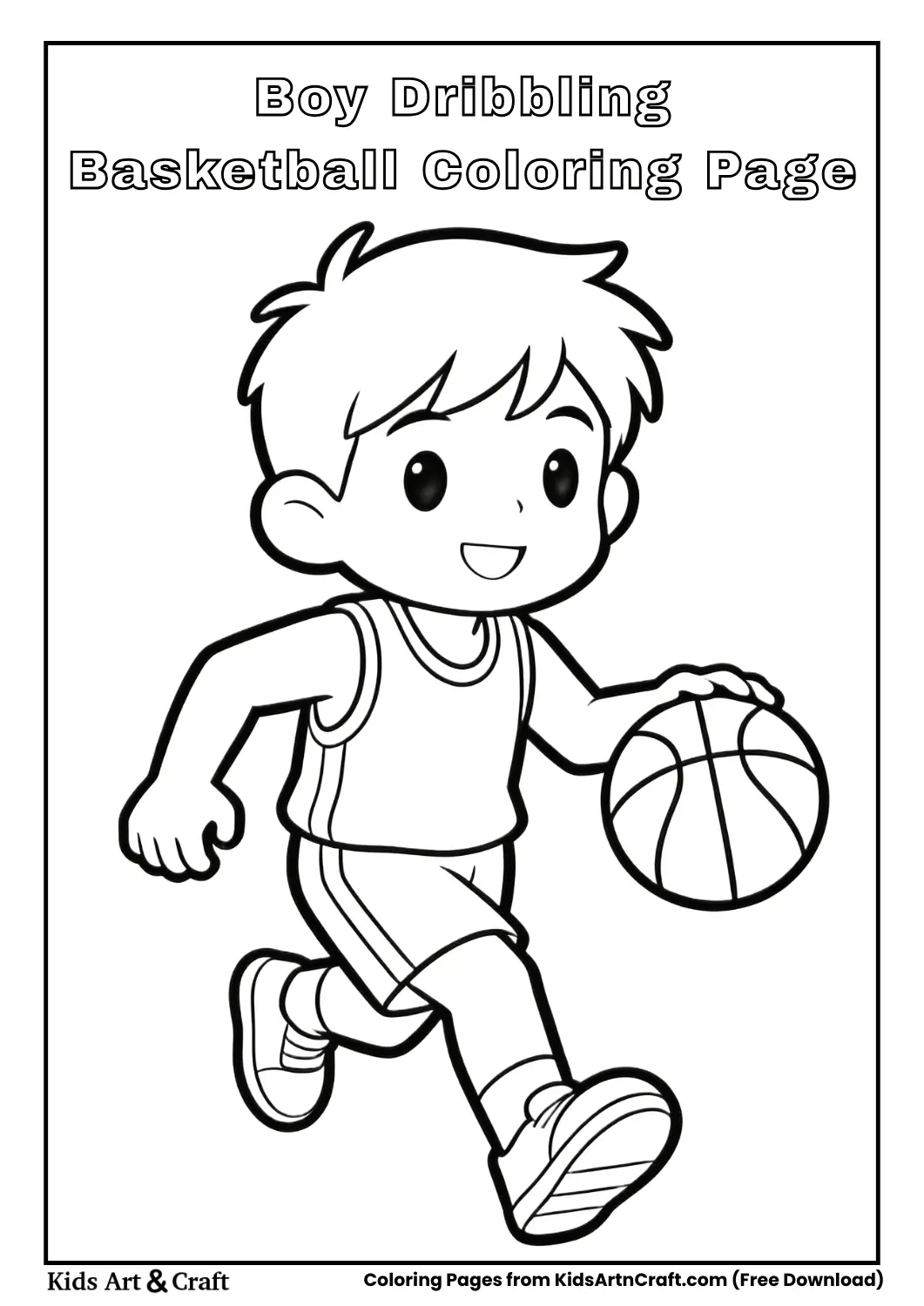 Cartoon boy dribbling a basketball coloring page for kids