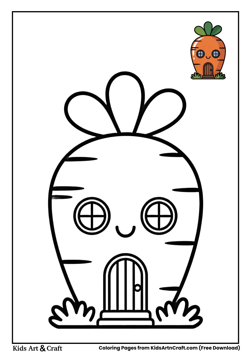 Black and white carrot-shaped house coloring page with round windows and small door