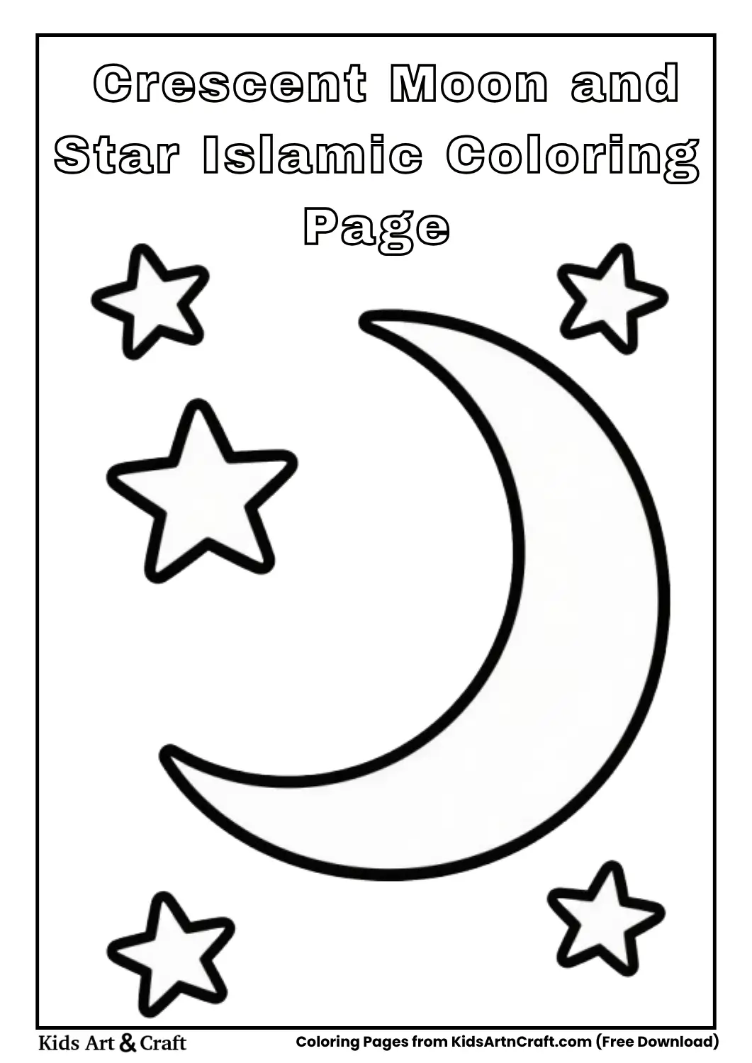 Simple crescent moon and star Islamic symbol black and white coloring page for kids