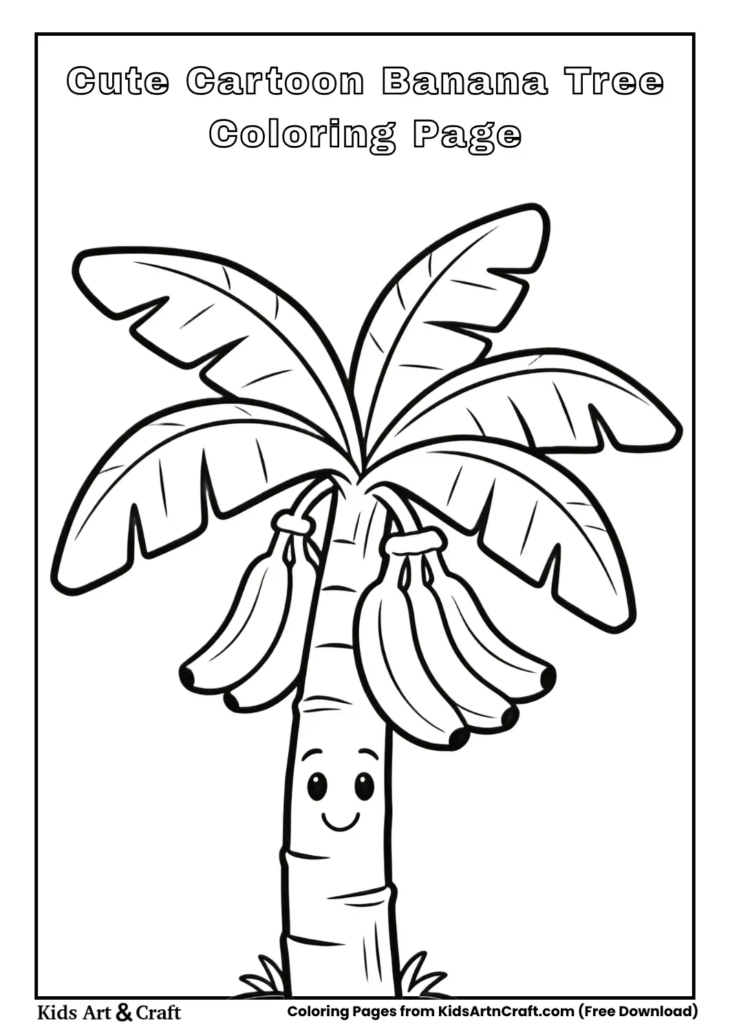 Cute cartoon banana tree with smiling face coloring page