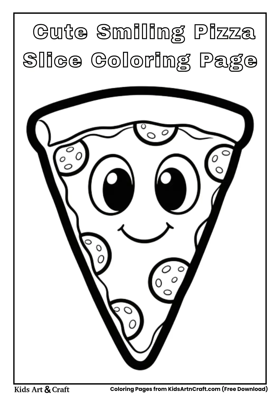 Black and white cute smiling pizza slice coloring page for kids