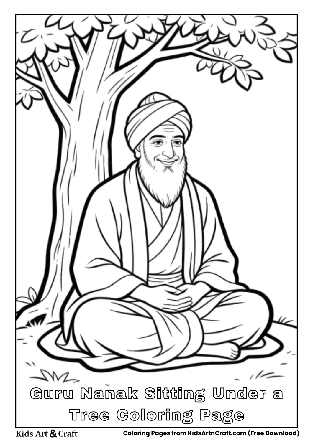 Black and white coloring page of Guru Nanak sitting under a tree with bold outlines