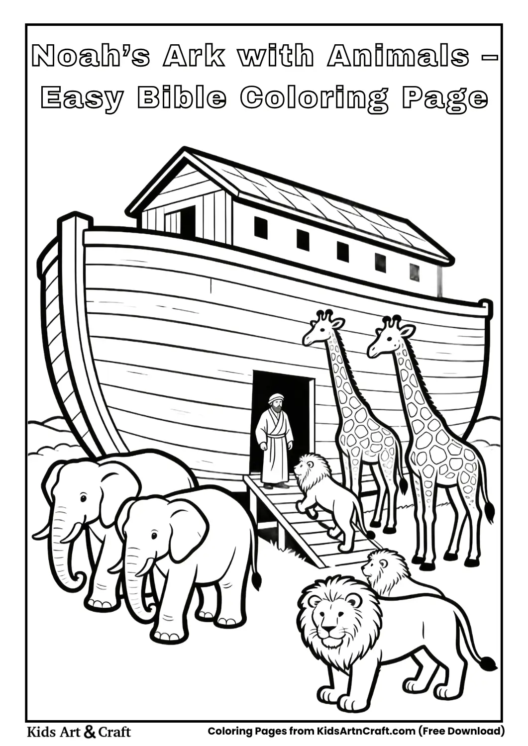 Simple Noah’s Ark coloring page with animals entering the ark, bold outlines for kids 