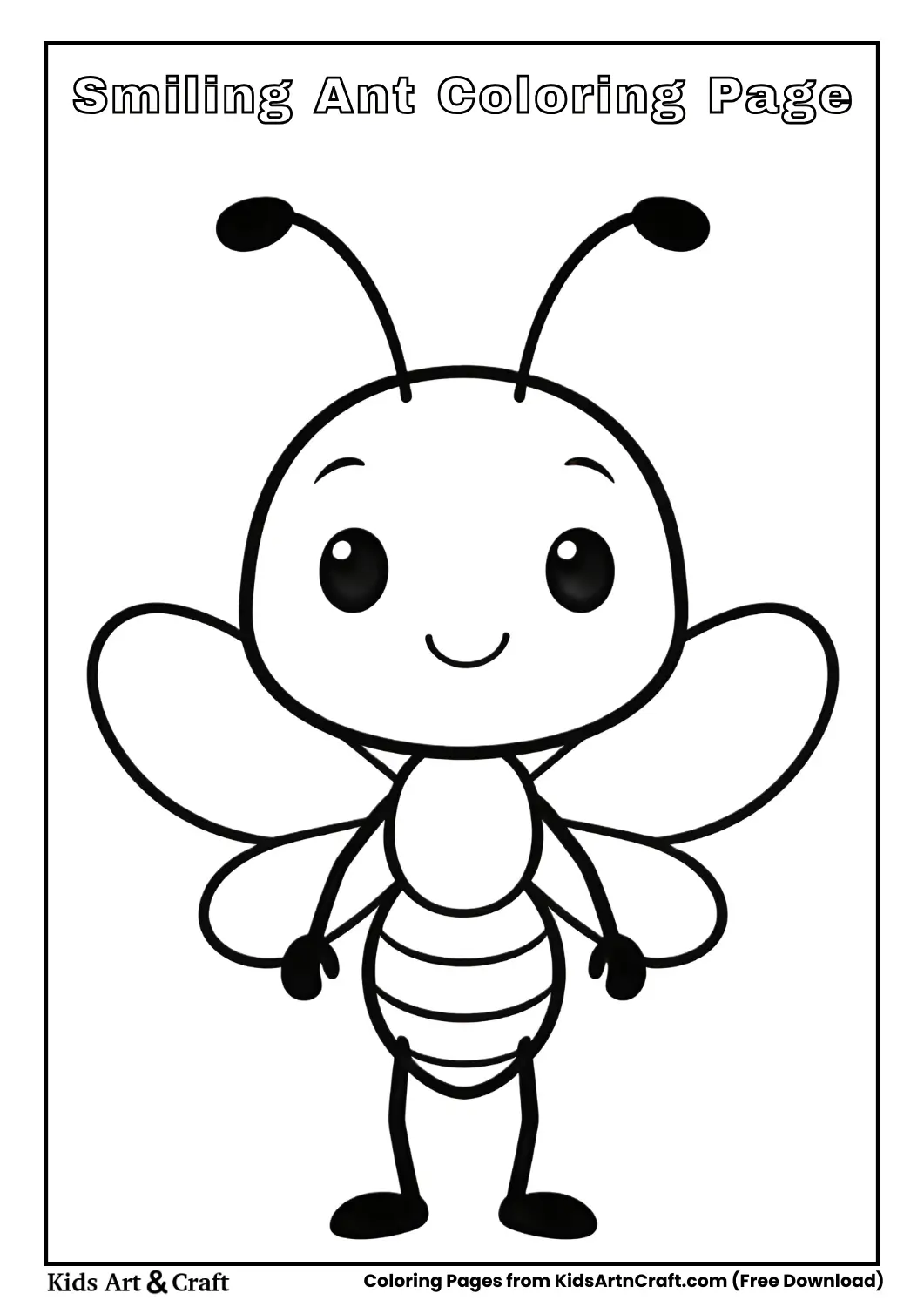 Smiling ant black and white coloring page for kids