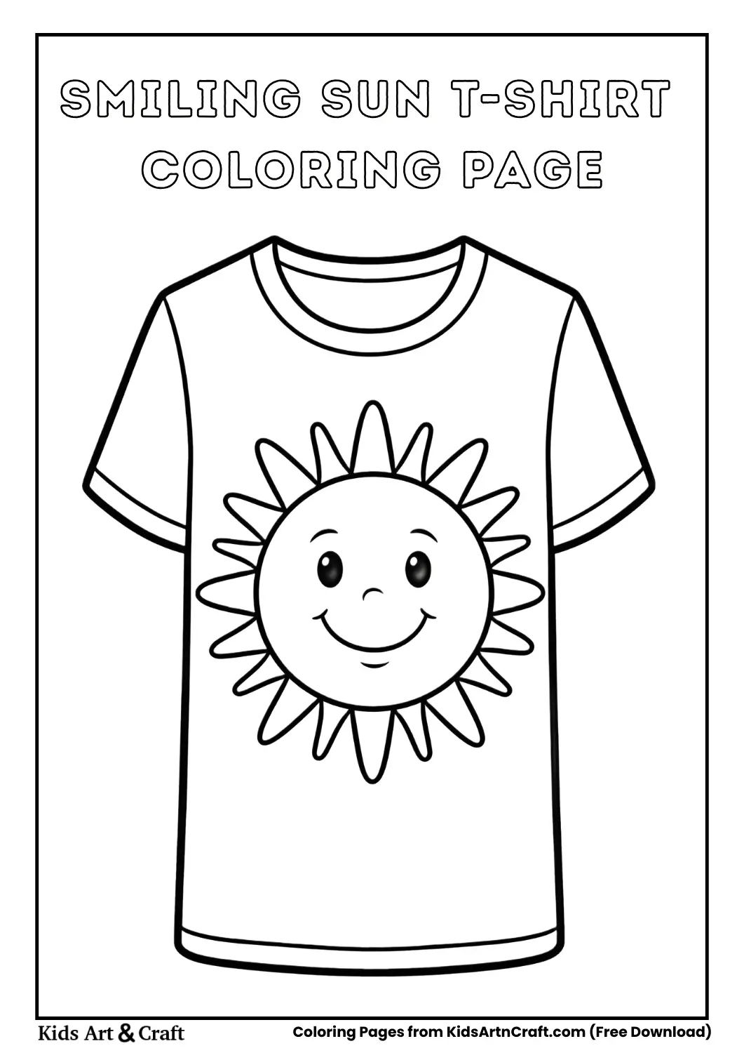 Black and white T-shirt coloring page with a smiling sun