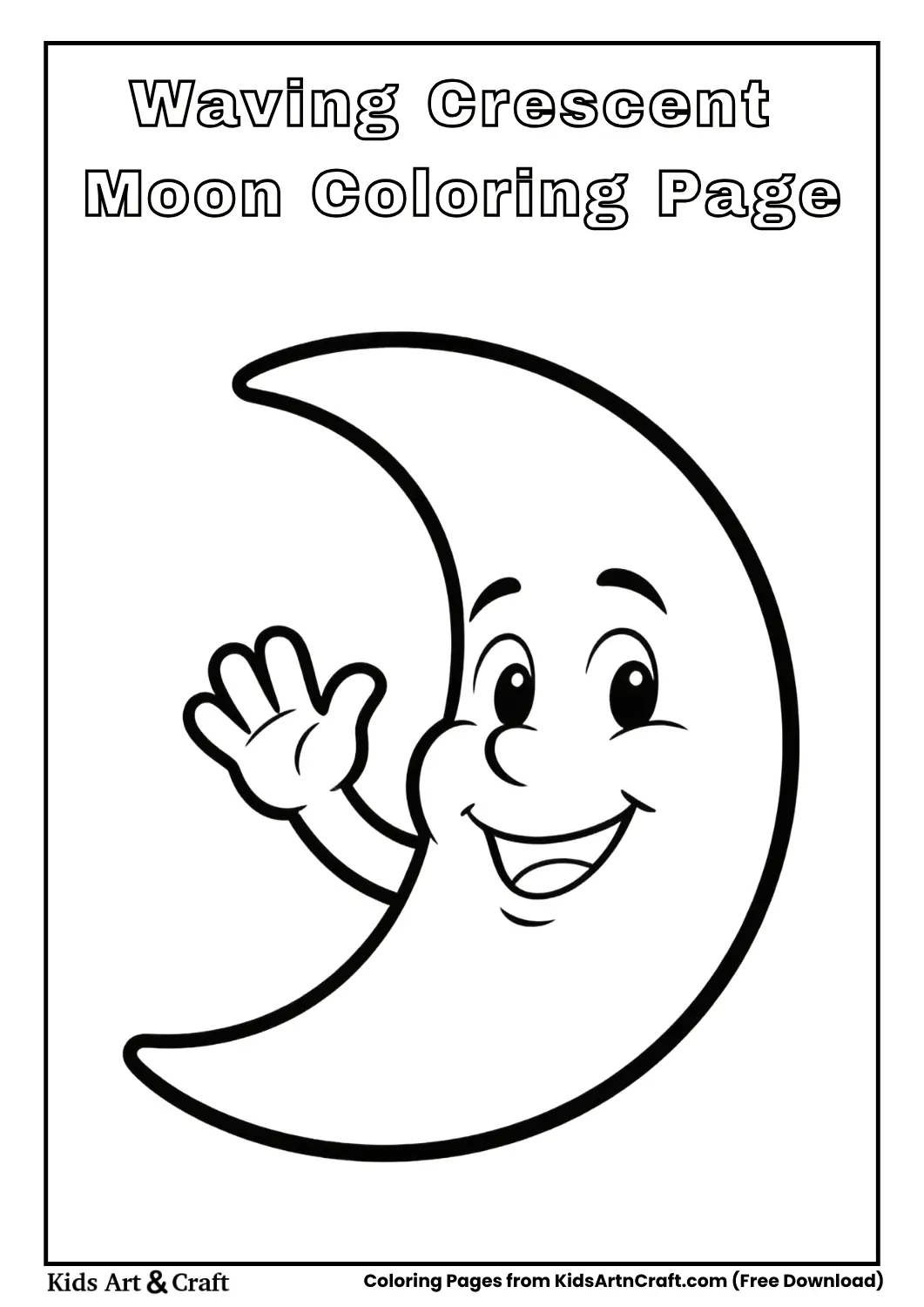 Crescent moon waving hand coloring page for kids