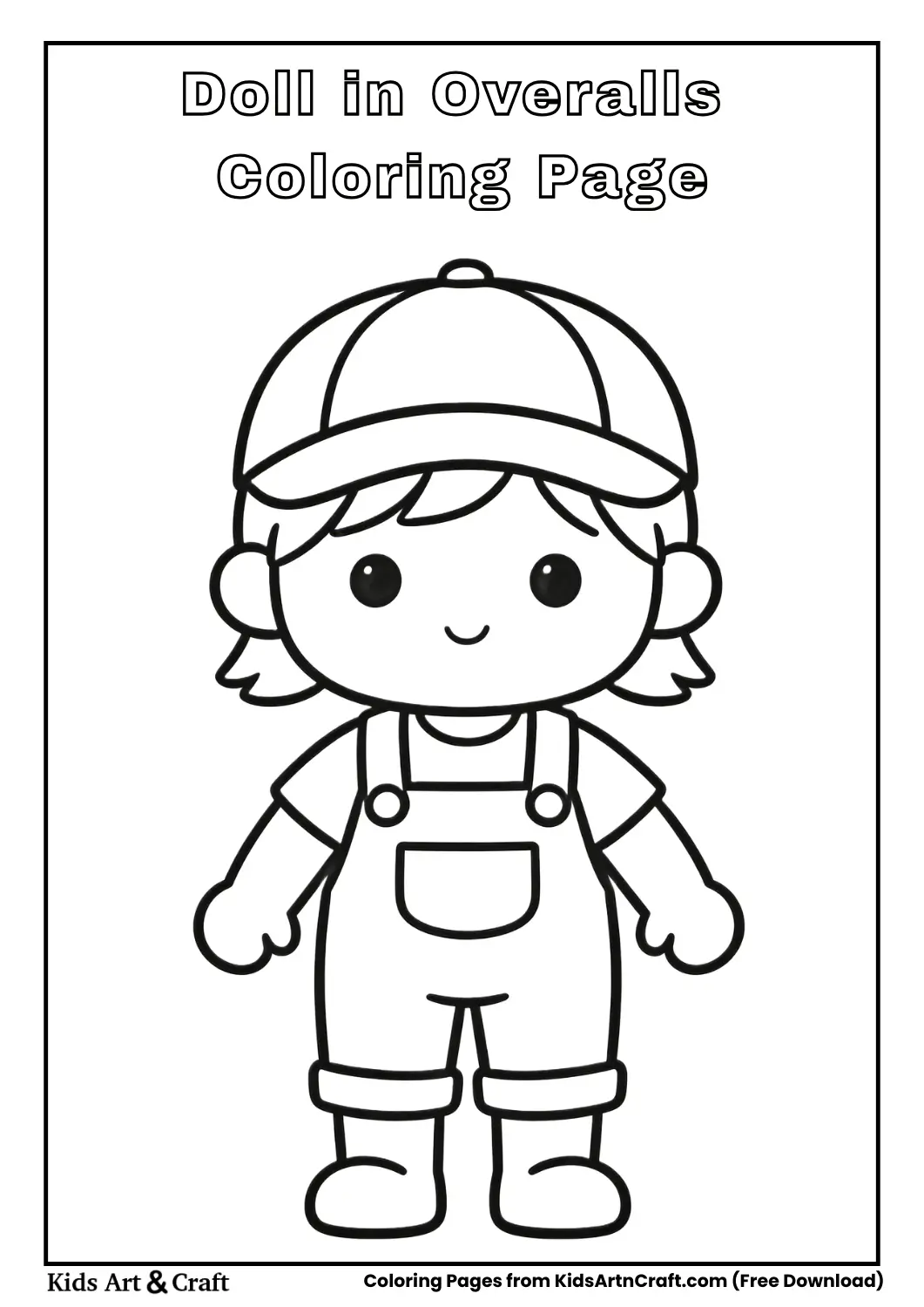 Doll wearing overalls and cap coloring page