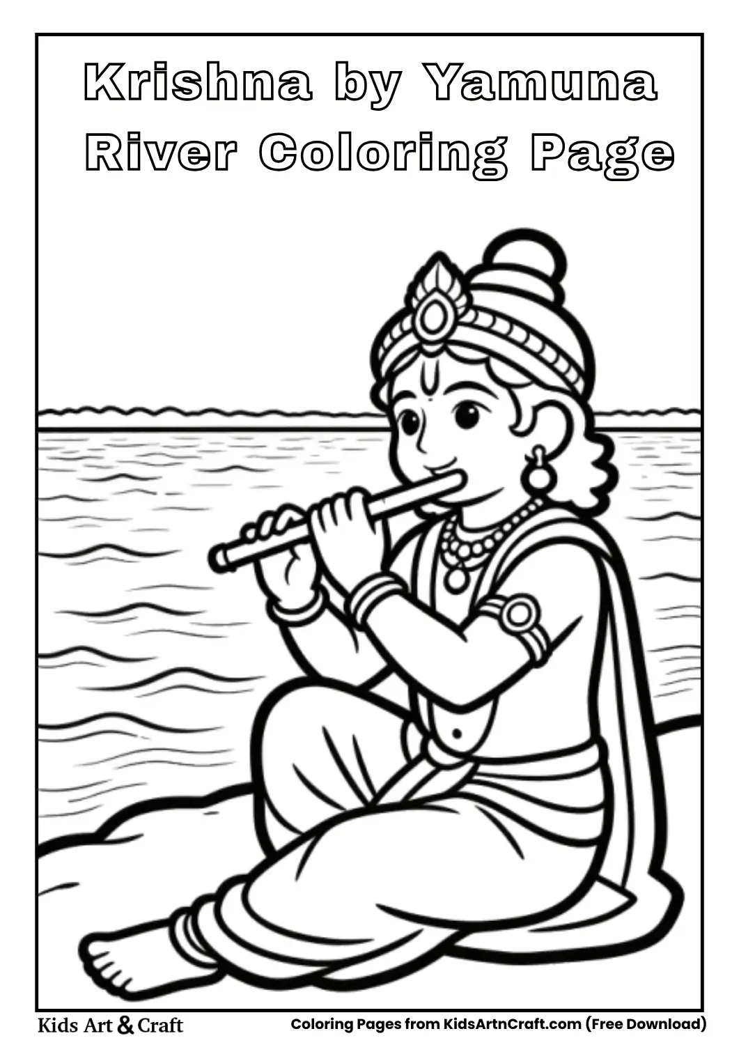 Krishna sitting by river simple black and white coloring page