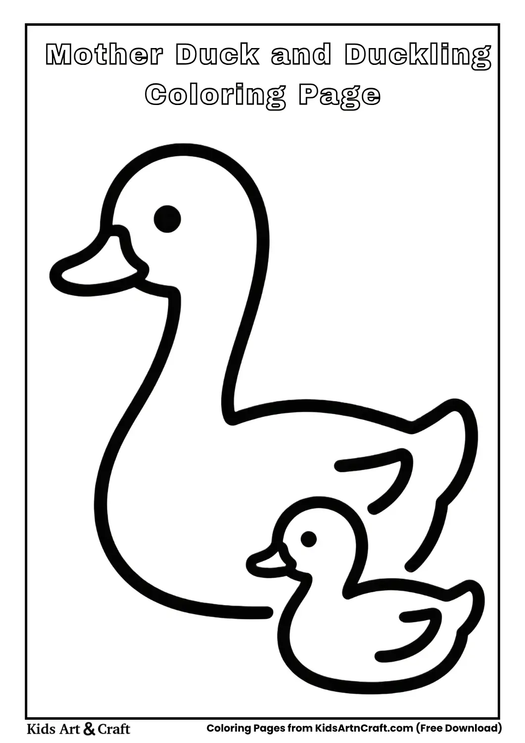 Simple mother duck with baby duckling outline coloring page