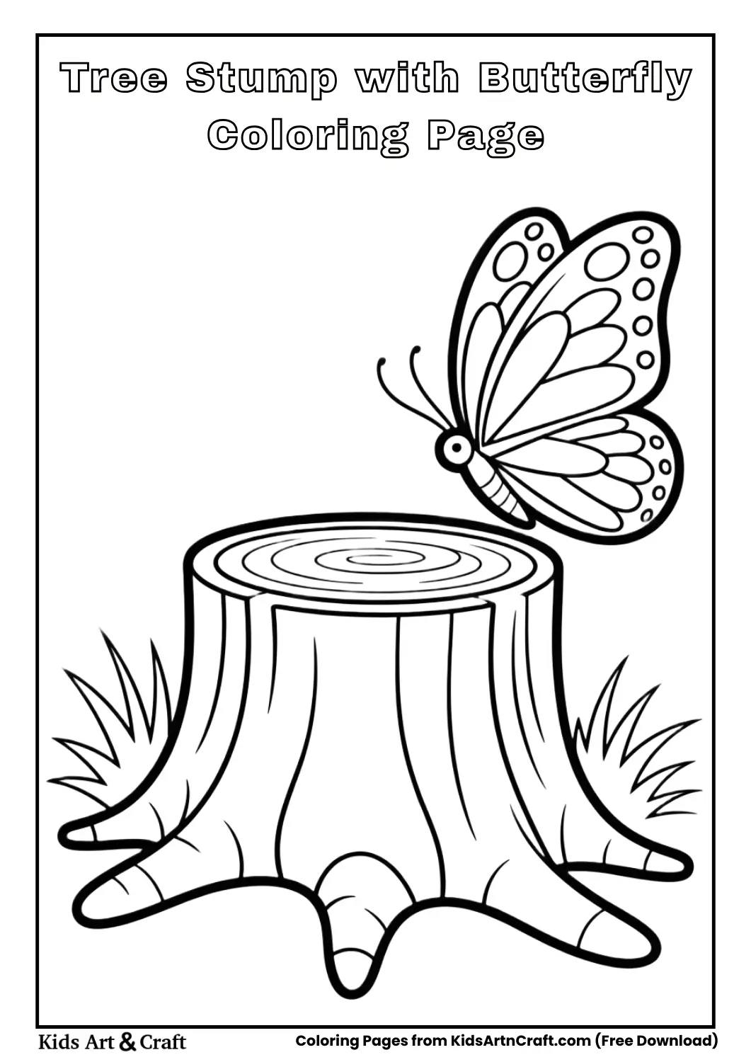 Tree stump with butterfly sitting on top coloring page