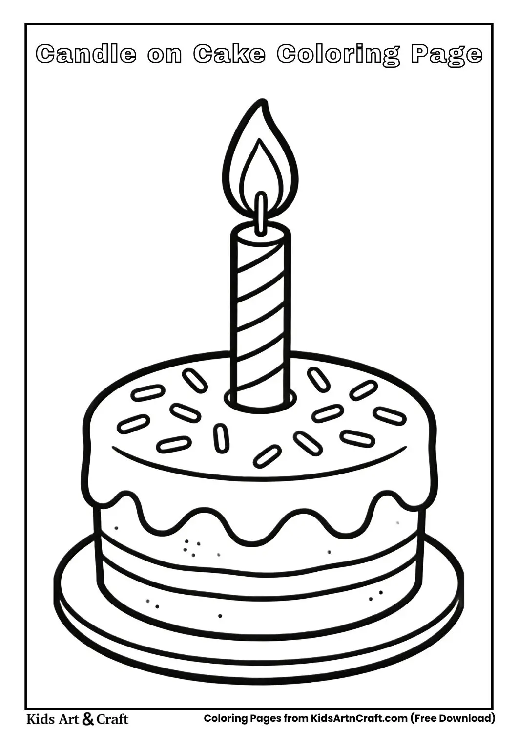 Coloring page of a candle on a cake with sprinkles.