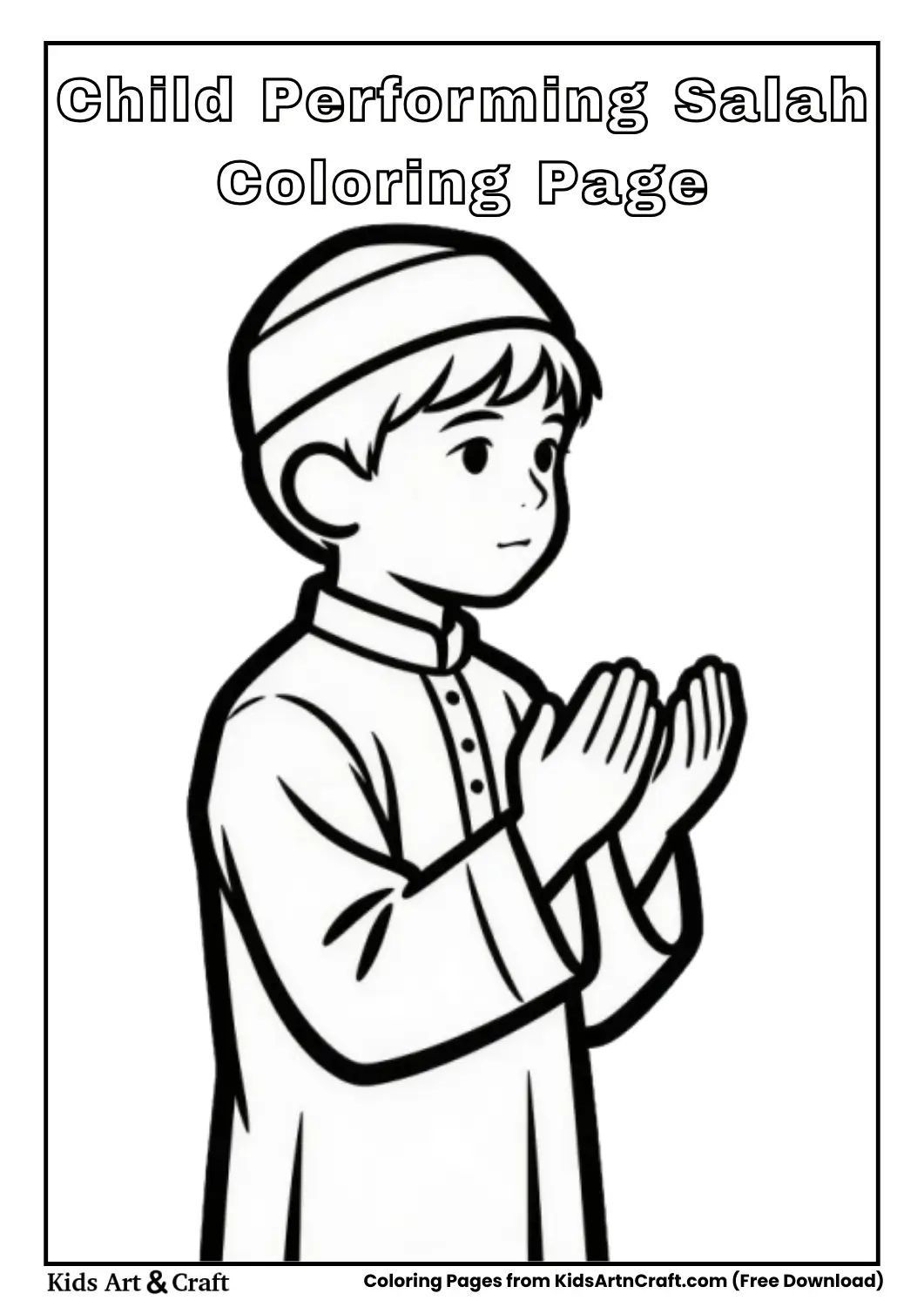 Muslim child standing in prayer black and white coloring page