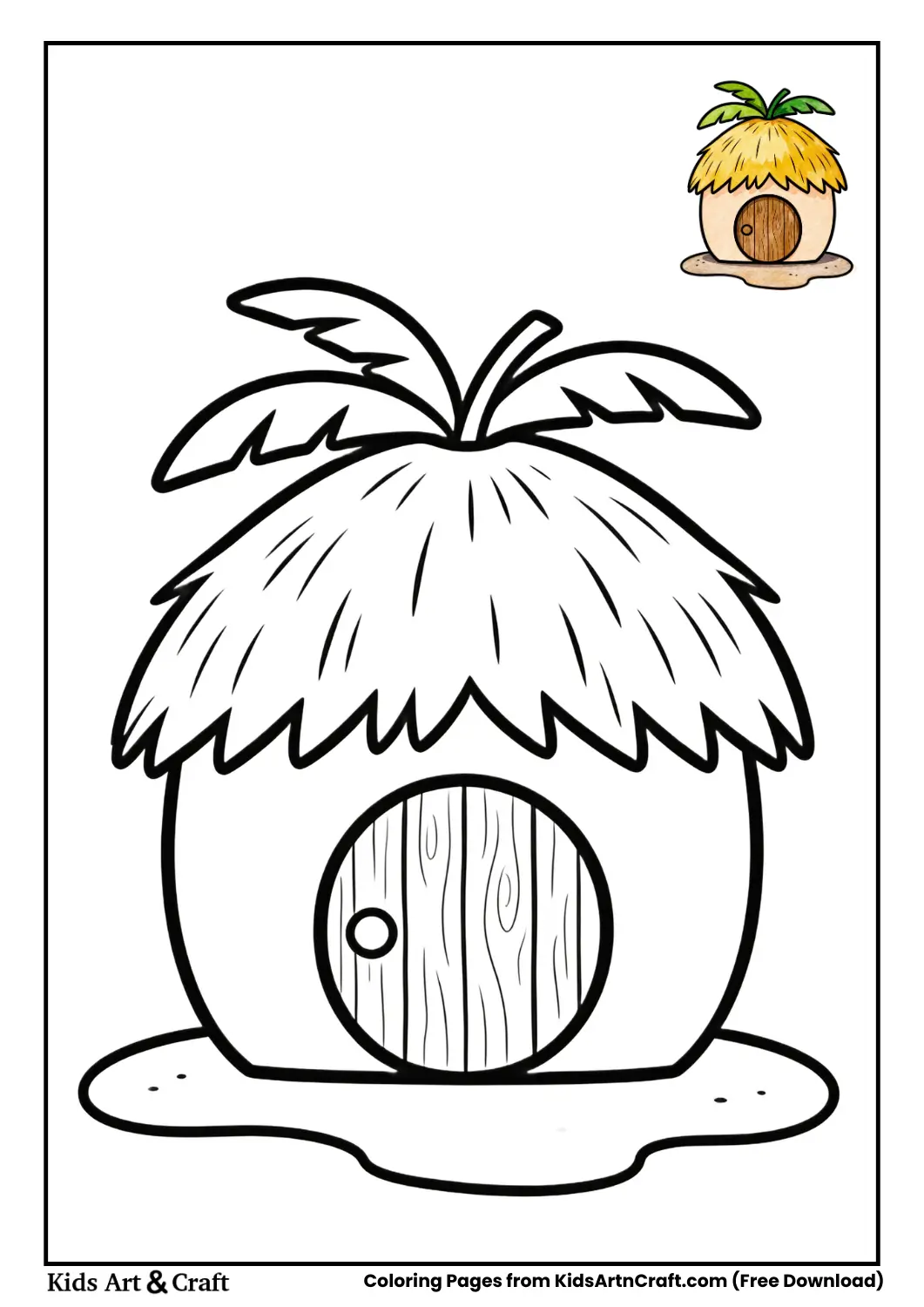 Coconut house with palm leaf roof coloring page