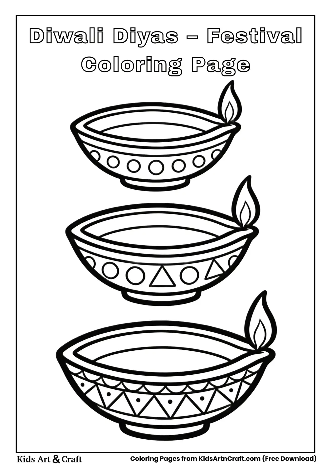 Three simple diyas in black and white line art