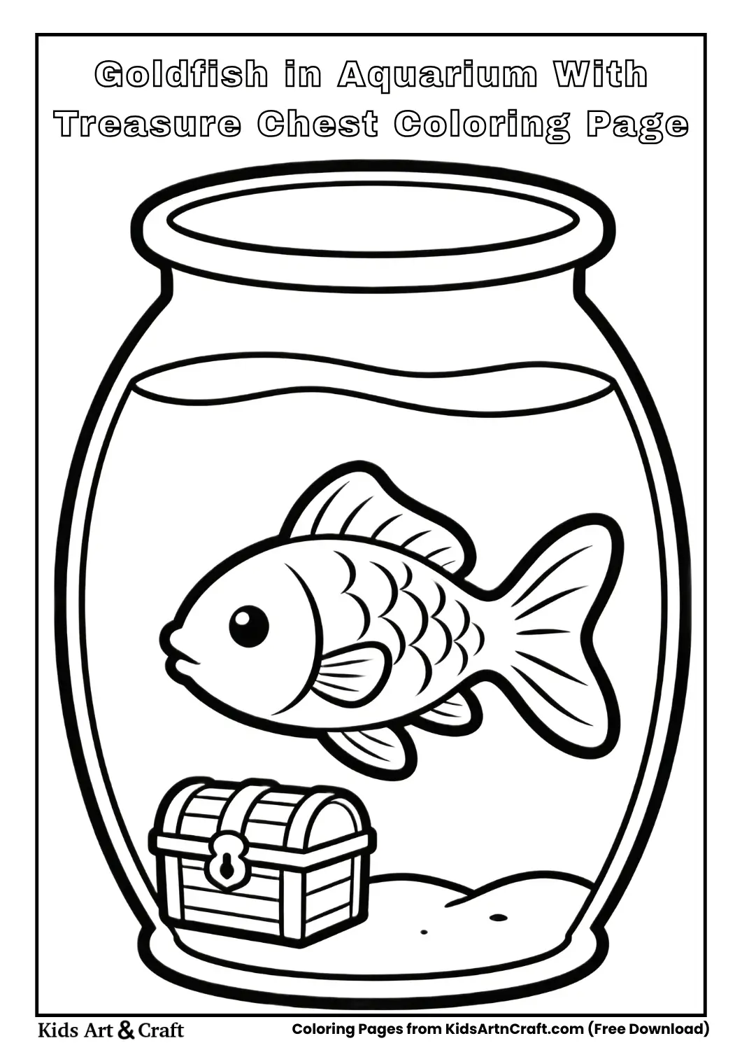 Goldfish in aquarium with treasure chest coloring page
